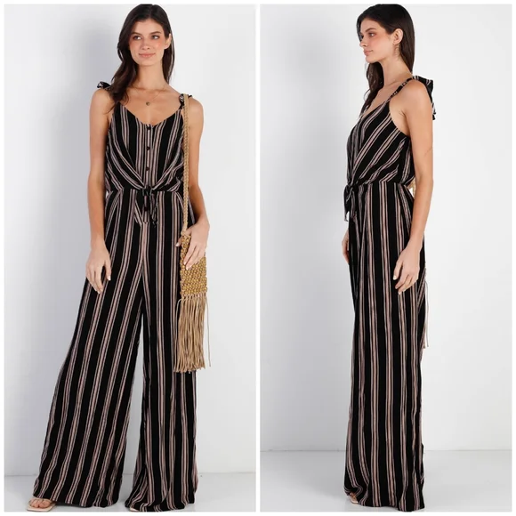 SUGAR+LIPS Boho Chic Black Striped Front Knot Relaxed Fit Jumpsuit - Picture 5 of 5